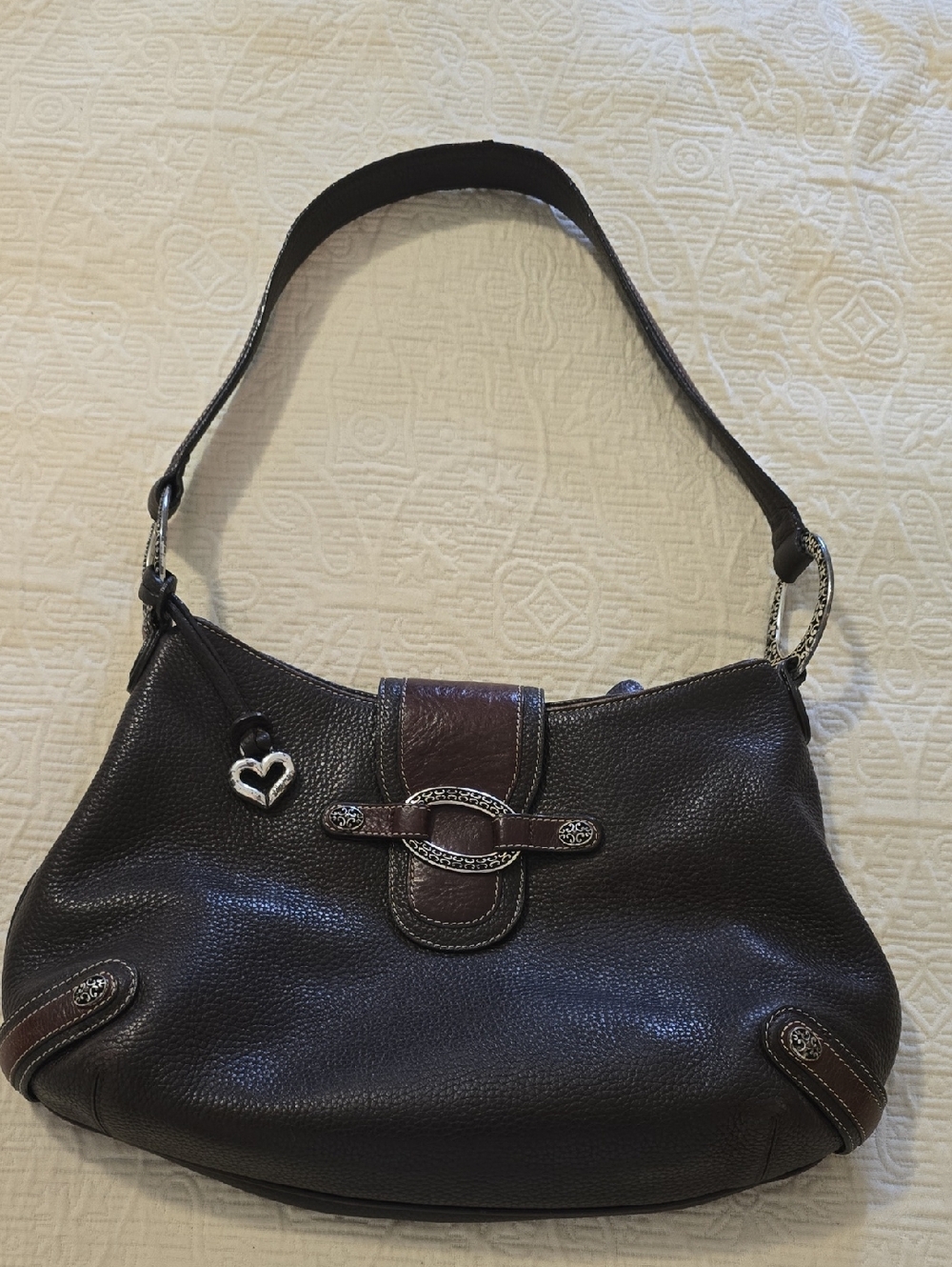 Women's Dark Brown Leather Shoulder Bag with Heart Charm